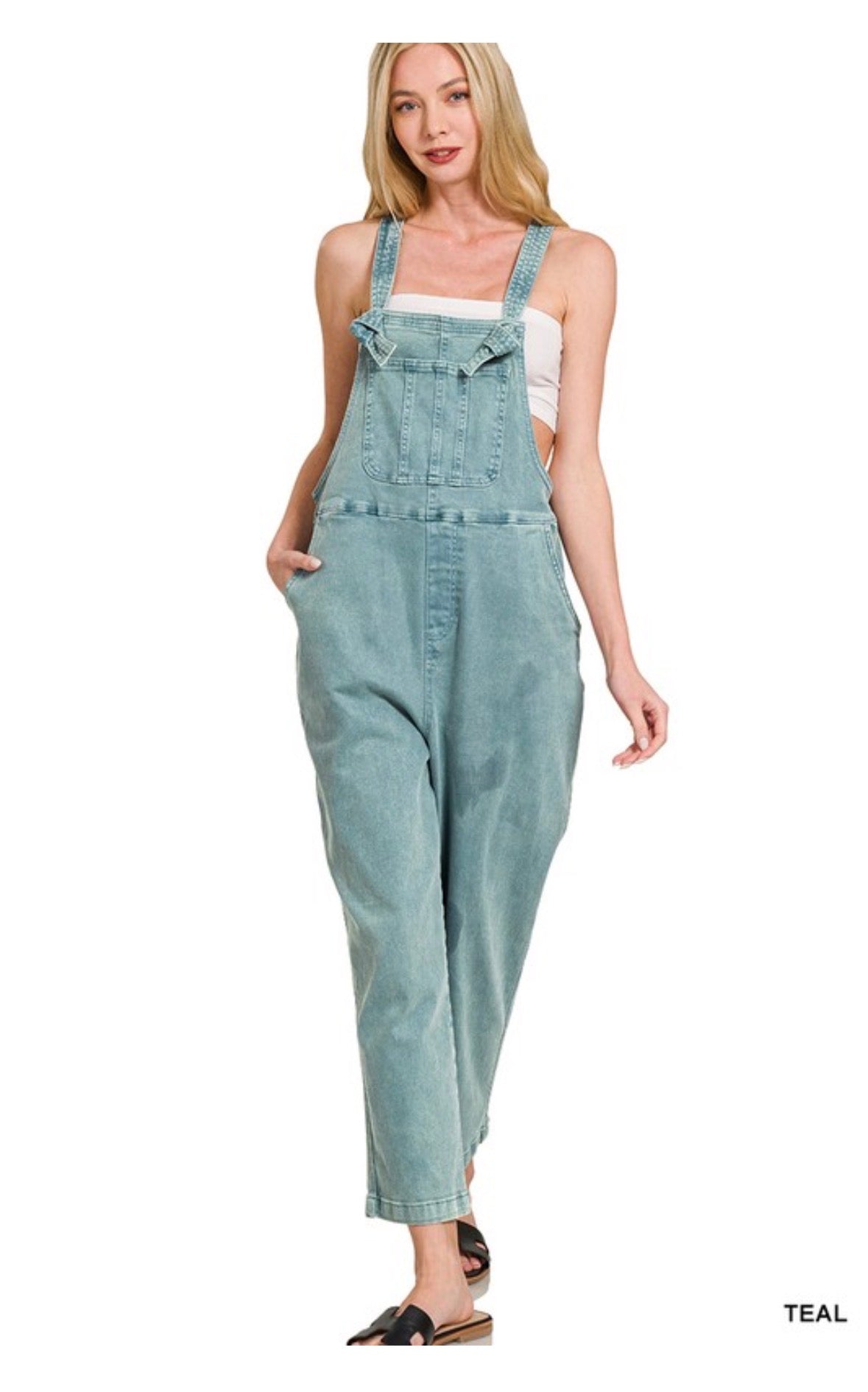 Washed Knot Strap Relaxed Fit Overalls- TEAL