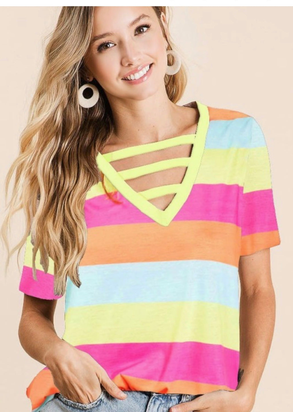 Multi Color V-neck Top With Strapped Front Neck